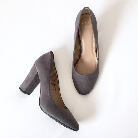 gray block heel pumps